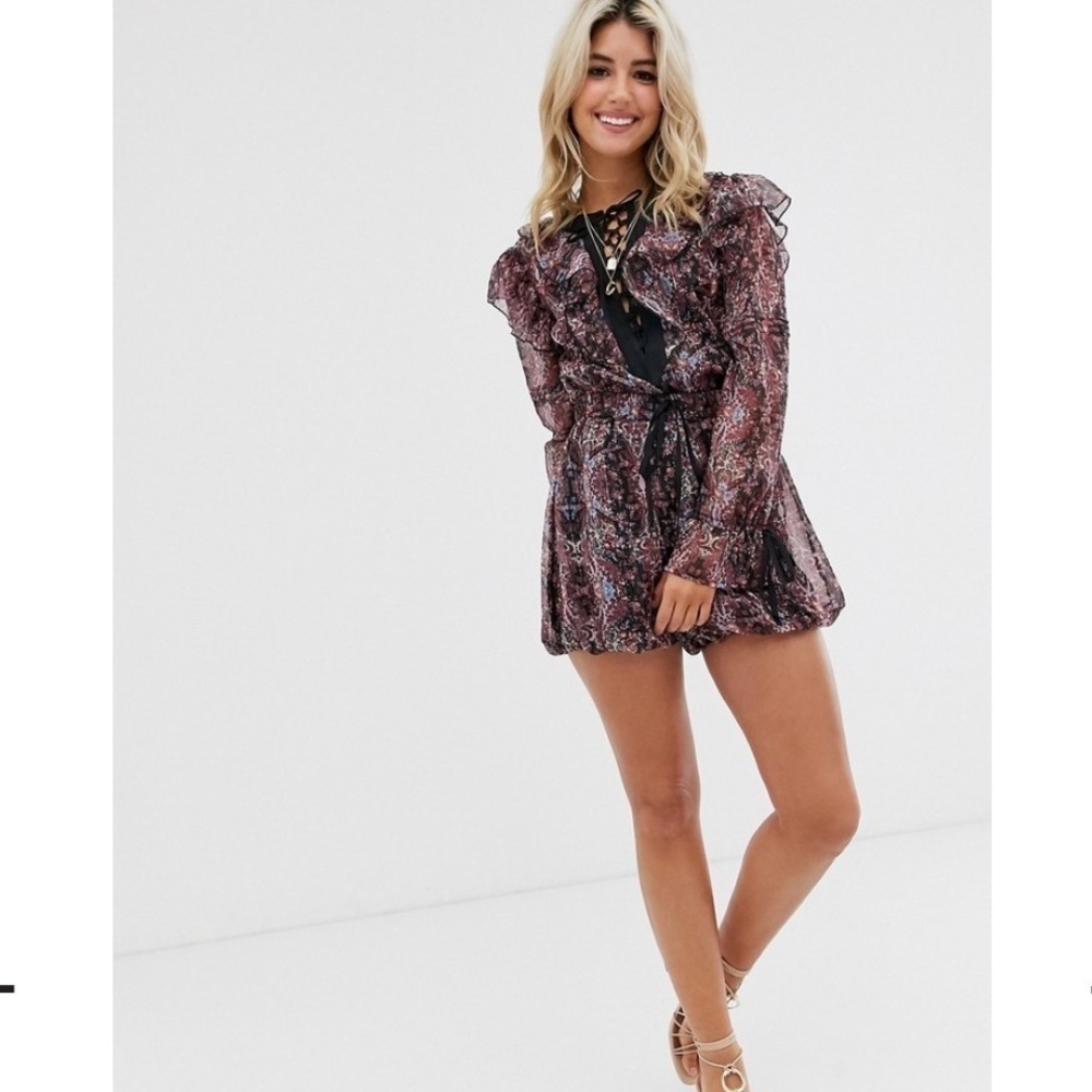 ASOS DESIGN ruffle romper  with ties in floral chiffon size 2